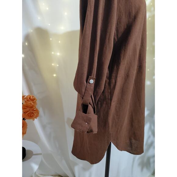 Tahari Linen 1/2 Button Popover Tunic Top Womens Size M Lagenlook Roll Tab Brown - Picture 2 of 7